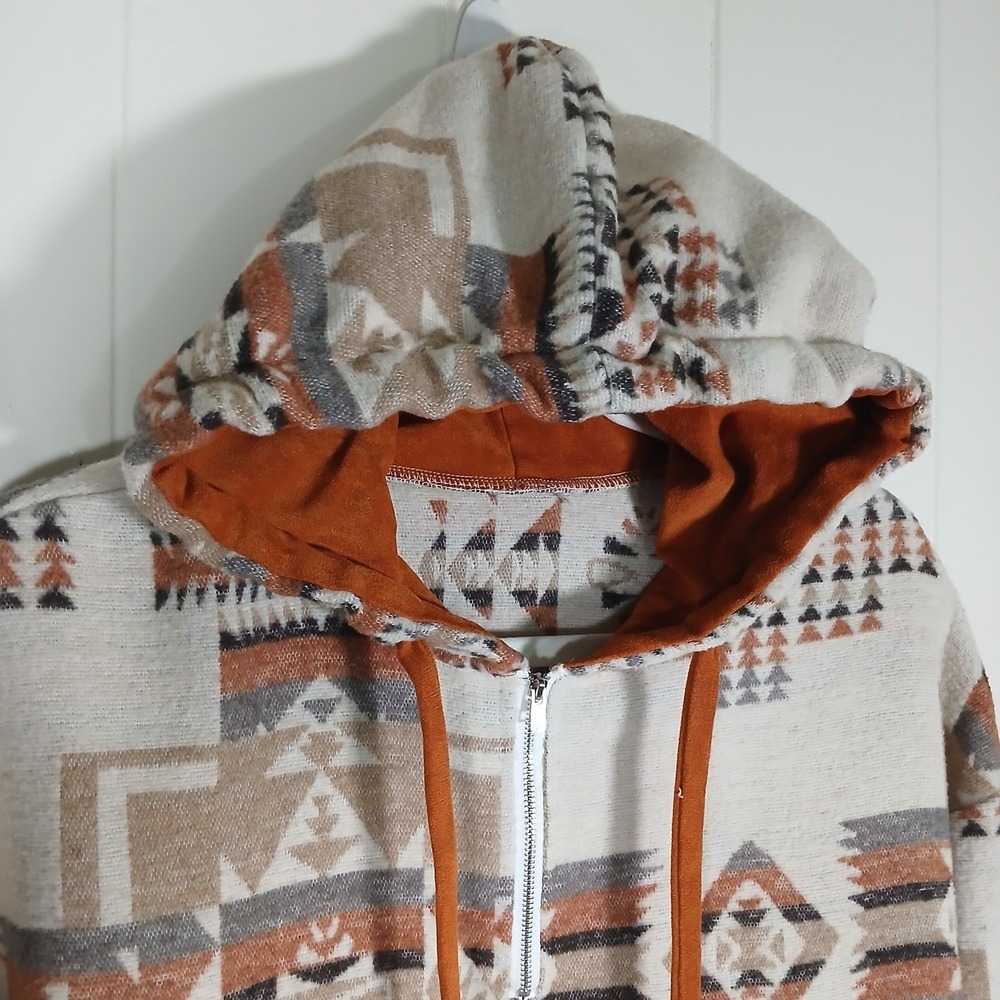 Southwestern Aztec Print Quarter Zip Hoodie Rust Geometric Pullover Women Large‎ - Picture 4 of 7